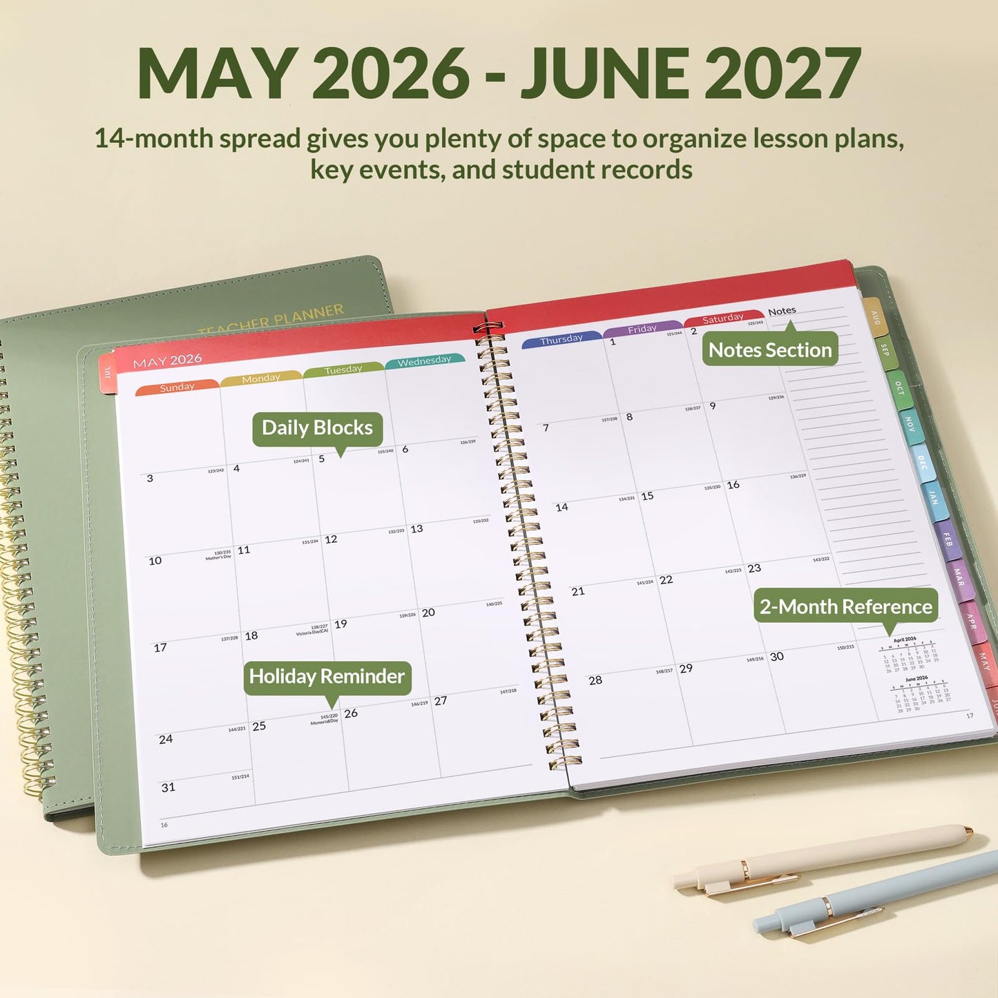 SUNEE Teacher Planner 2026-2027 Academic Year with 7 Periods, Jul 2026 - Jun 2027 Lesson Planner Book 8.5"x11" School Agenda with Subjects, Teacher Calendar with Vegan Leather Cover, Color Tabs, Green