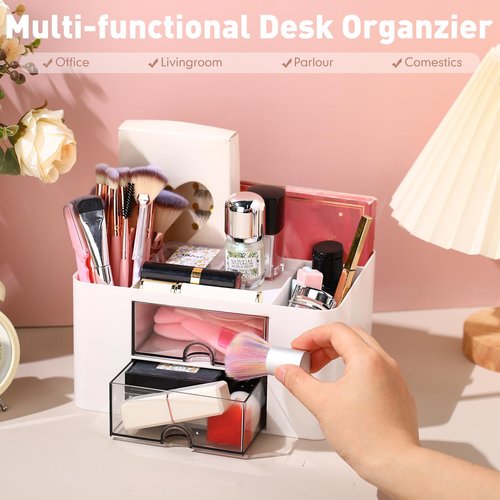 AmazingSpark 11 Pcs White Office Supplies Set Multi-functional Pen Organizer and Accessories with Tape Holder, Stapler, Staple Remover, Staples, Tape, Clips Set, Ruler, Scissor, Pen, Sticky Notes