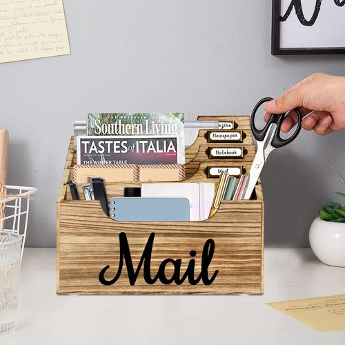ANRXNCY Rustic Mail Organizer Letter Sorter for Counter, Mail Holder Desktop File Holder, Countertop Desk Office Accessories for File Letter Paper Folder, White Wooden Desk Organizer