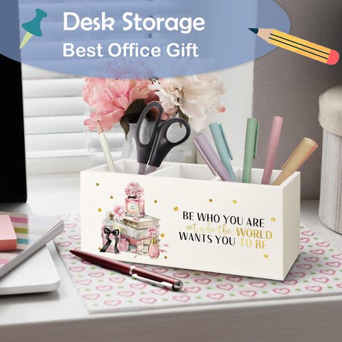 SNNDER Inspirational Gifts for Women Teen Girls Toothbrush Holder, Pink and Gold Bathroom Decor, Be Who You are Motivational Wooden Pen Pencil Holder Organizer for Home Office Desk Accessories
