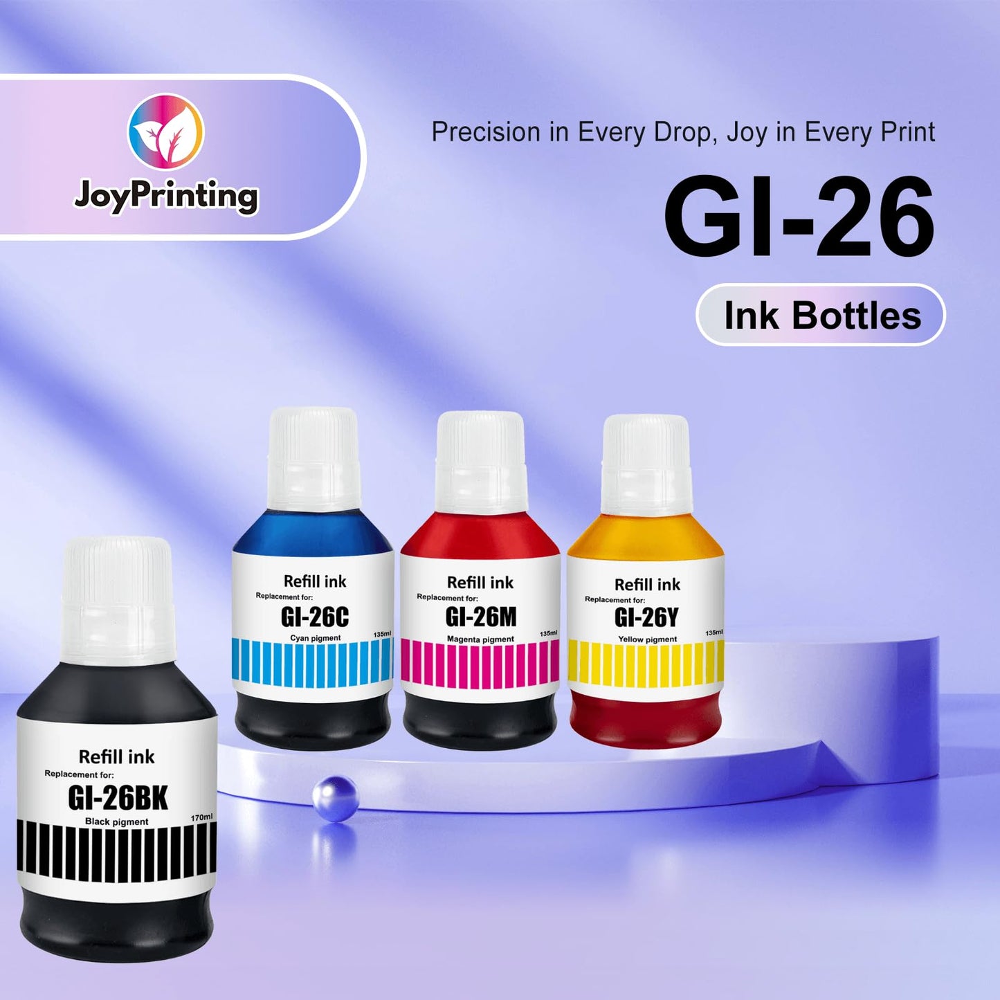 JoyPrinting GI-26 GI26 Ink Refill Bottles Compatible with Canon GI-26 Ink Bottles Work for GX7021 GX6021 GX5020 GX4020 GX3020 GX7020 GX6020 GX6120 Megatank 4 Pack