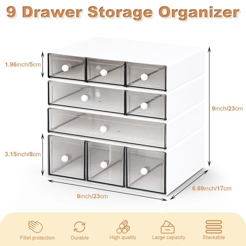 MYKASEN Desk Organizer with 9 Drawers, 4 Tier Plastic Stackable Storage Drawers for Desk Storage, Office Stationary Makeup Organizer Suit for Home, Office and School