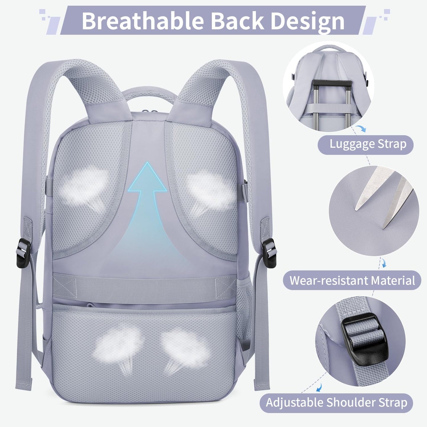 ZOMFELT Travel Backpack for Women Men, Carry On Backpack, TSA 15.6inch Laptop Backpack Flight Approved, Personal Item Travel Bag Nurse Bag Casual Daypack for School Weekender Business Trip, Purple