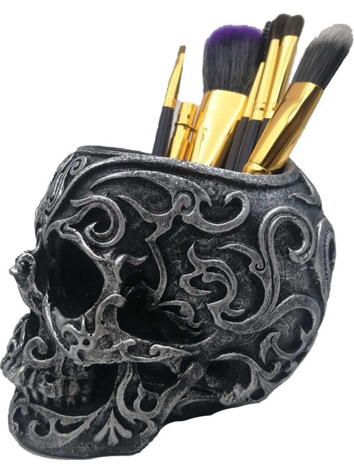 CUZOKOLA Gothic Skull Decor Makeup Brush Holder Vanity Decor with Strong Resin,Pen Holder for Home Office Desk Decorative&Succulent Flowerpot (Silver)