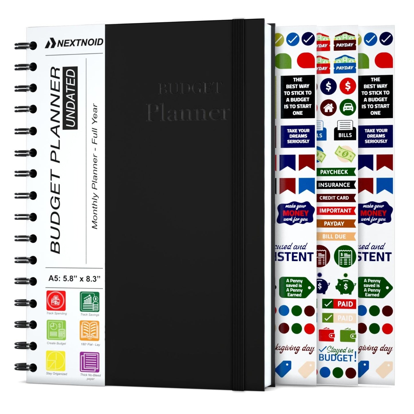 Budget Planner and Monthly Bill Organizer - Financial Planner Budget Book with Sticker Sheets - 12 Month Undated Bill Tracker Notebook with Debt, Saving and Expense Trackers - A5 (Black)