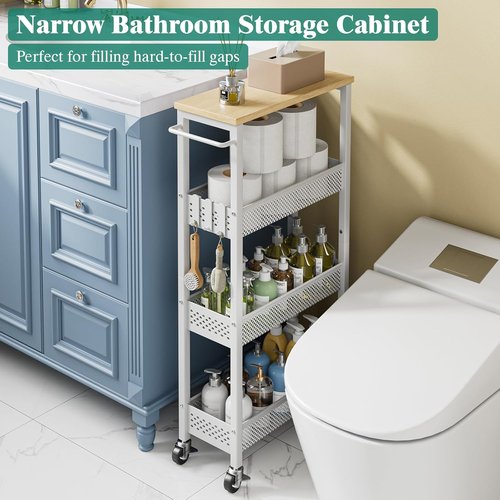 Giwil Slim Rolling Storage Cart - 4-Tier Bathroom Organizer with Wood Top & Handle | White