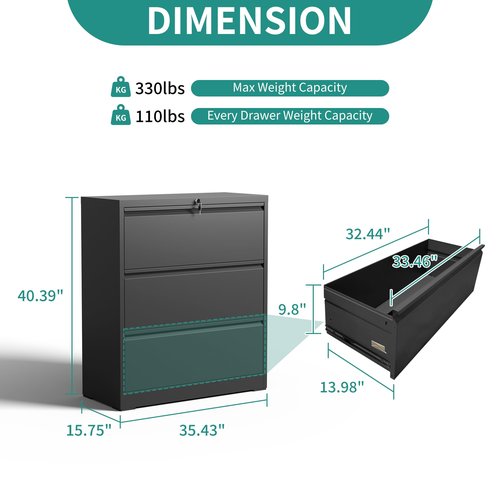 BIZOEIRON 3 Drawer Lateral File Cabinet with Lock, Metal Filing Cabinets for Home Office, Steel Storage Wide File Cabinet for Letter/Legal/F4/A4 Size with Hanging Bars, Assembly Required (Black)