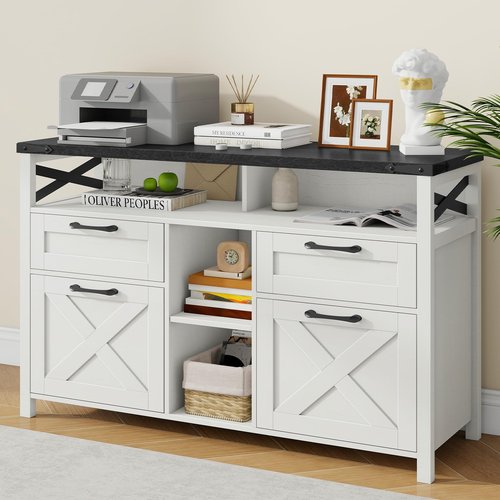Farmhouse Filing Cabinet with Adjustable Shelf for Home Office, Lateral File Cabinets 4 Drawers with Open Storage Shelf, Filing Organization Storage Cabinets for Hanging Files Letter/A4.(Black)