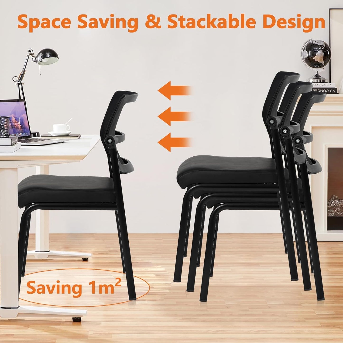 CLATINA Stacking Waiting Room Chairs - Ergonomic Mesh Backrest & Leather Cushion - 4-Pack