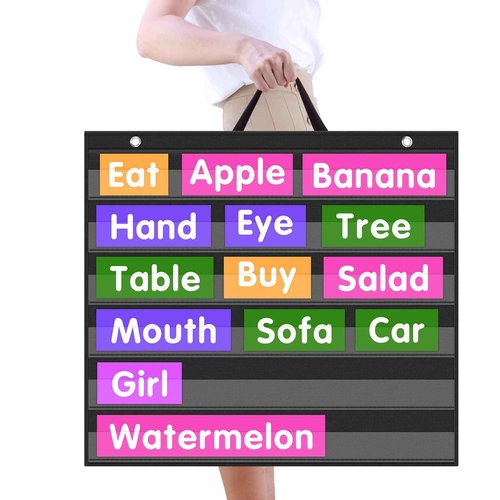 EAMAY Large Standard Pocket Chart for Classroom,Teacher Supplies for Sentence Strip and Card Display,Black Double Sided Table Top Pocket Chart with Hang/Stand/Portable(25Wx22L)