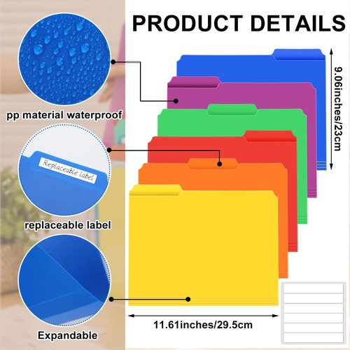 Estune 12 Pack File Folders with Acrylic Vertical Holder Organizer, 1/3 Cut Tab with Folder Letter Size and Labels Horizontal Triple Clear File Paper Desktop Storage Box for Office Desk