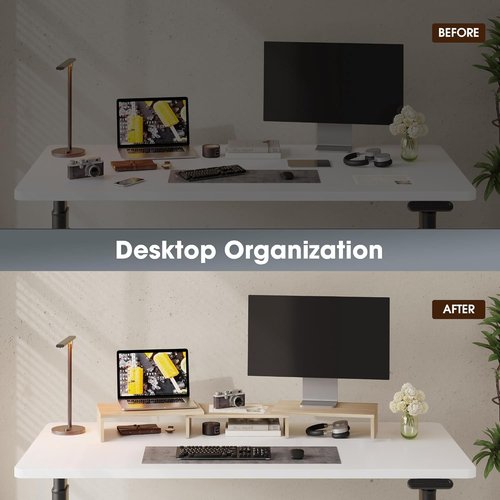 FITUEYES Dual Monitor Stand - Adjustable Wood Desktop Riser with 3 Shelves | Medium Oak Finish