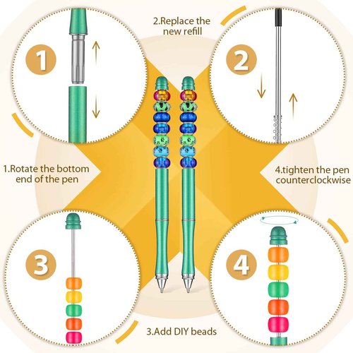 Chivao 50 Pieces Metal Beadable Pens Bulk Beaded Pens Black Ink Ballpoint with Refills Assorted Beadable Items for Focal Beads DIY Making Gifts Student Teacher Kids Office School Business Supplies