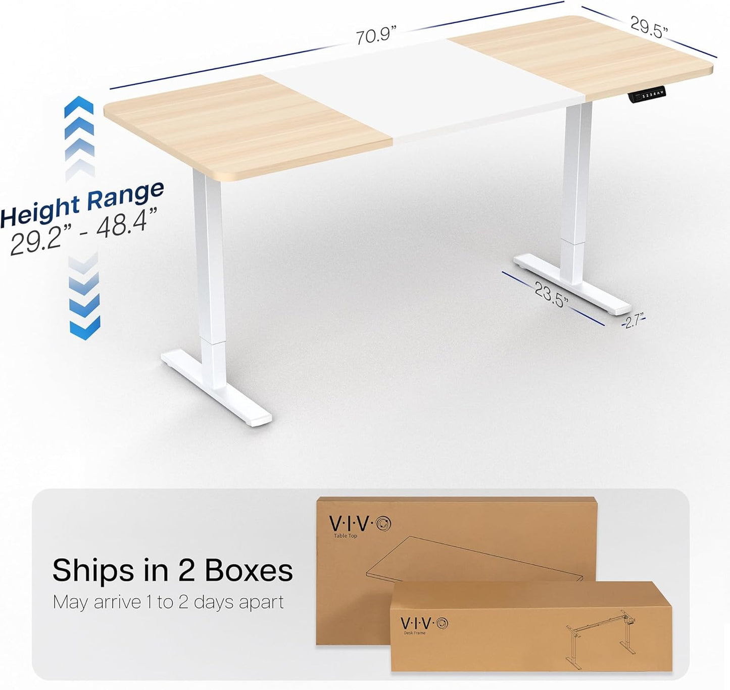 VIVO Electric Standing Desk - Memory Height Adjustment, 71 x 30 in, 220 lbs Capacity, White & Light Wood Top