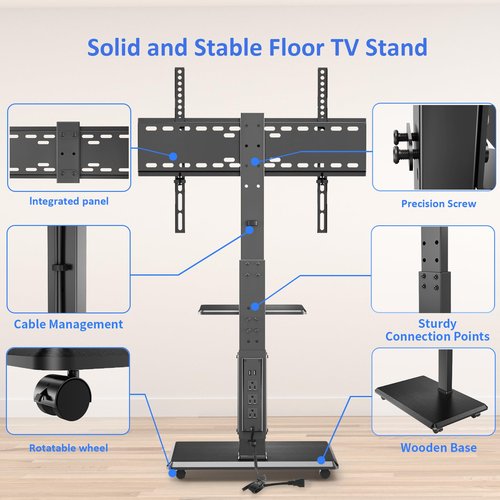 Afaloona Rolling TV Stand with Power Outlet, Mobile TV Cart for 32-75 Inch TVs up to 110 lbs, 18 Adjustable Heights, Max VESA 600x400mm, TV Floor Stand with Swivel Mount/Shelf/Wheels, Fits for Bedroom
