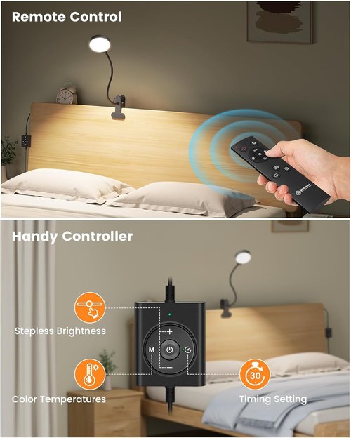 Glocusent 5W Reading Light - 36 LED Eye-Caring Bed Lamp with 3 Colors & 5 Brightness Levels | Black with Remote