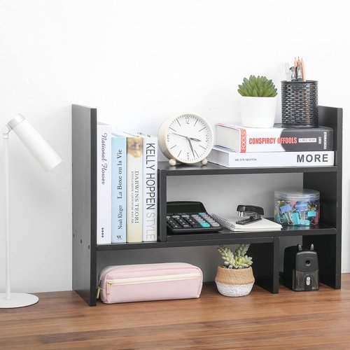 MyGift Adjustable Gray Solid Wood Desktop Storage Organizer Display Shelf Book Rack, Home Office Desk Decor Bookshelf