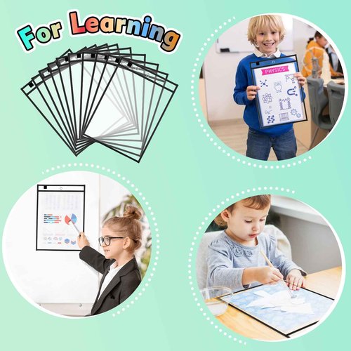 EEHZTSI 50 Packs Dry Erase Pocket Sleeves with 2-Ring, Reusable Clear Plastic Classroom Sleeves, 10x14 Inch Ticket Holders, Plastic Sleeves for School/Office Organization