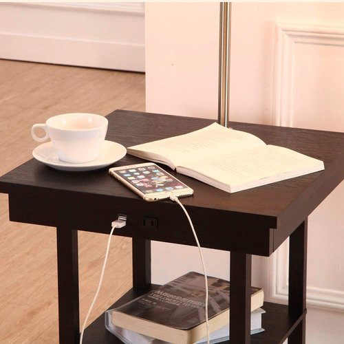 Brightech Madison Side Table with Lamp Combo with LED Bulb, Desk Lamp with USB Port, Bedside Reading Lamp, Modern End Table with Floor Lamp for Bedroom, Living Room, Office - Black with White Shade