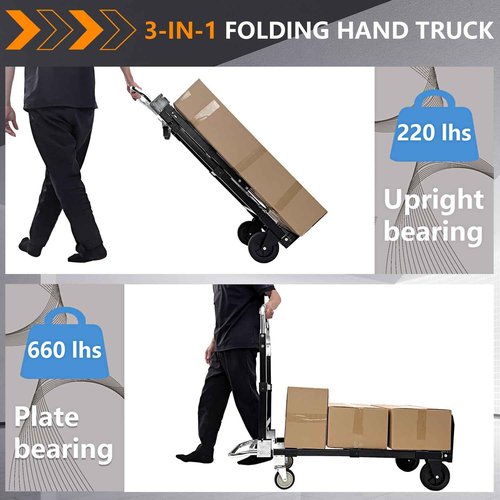 SST Upgraded Folding Hand Truck Dolly Cart, 660 LB Heavy Duty Luggage Cart, 3 in 1 Folding Hand Cart with Wheels and Bungee Cords for Moving Travel Shopping Airport Office