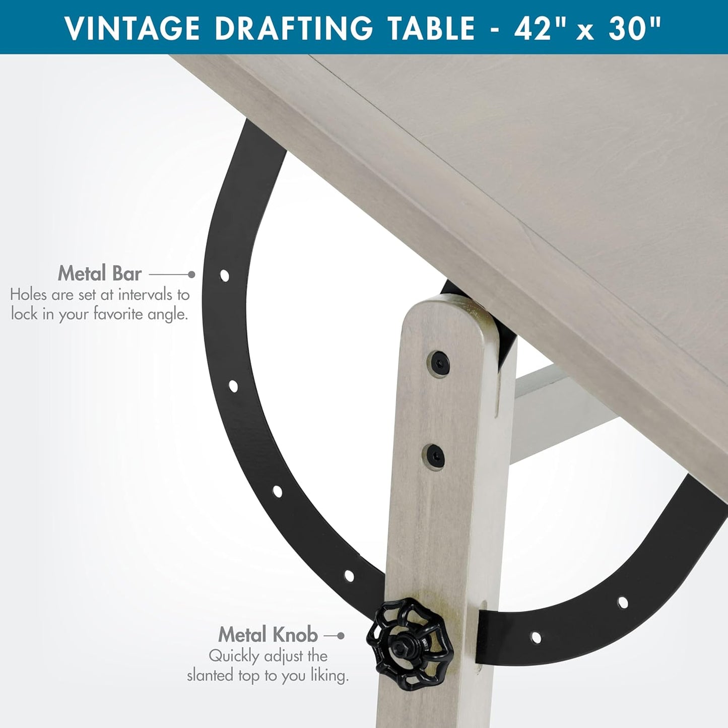Studio Designs Wood Drafting Table - Adjustable Tilting Top with Pencil Ledge - 42" W x 30" D - Whitewash
