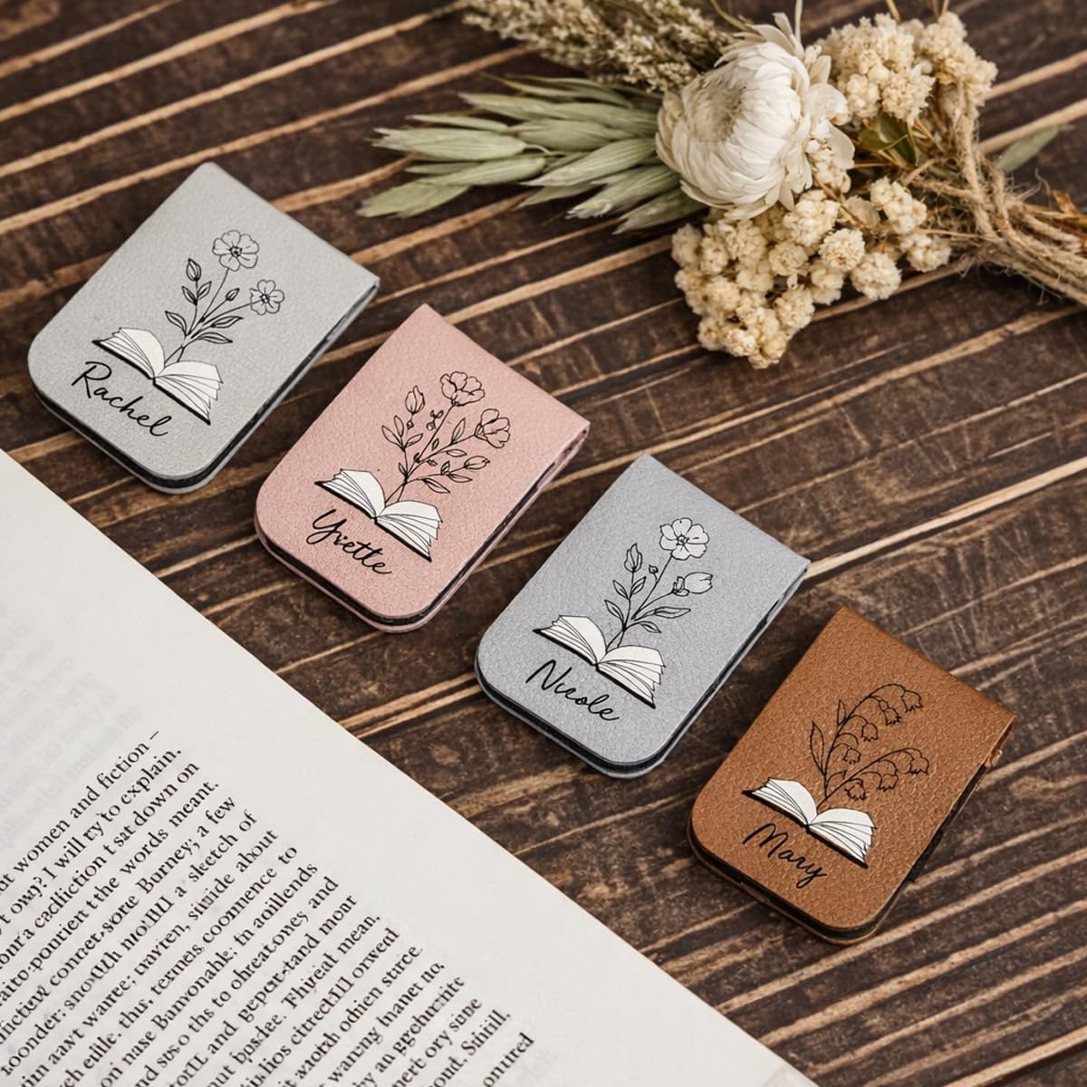 Skiennix Personalized Leather Magnetic Bookmark - Custom Birth Flower Design | Unique Gift for Readers