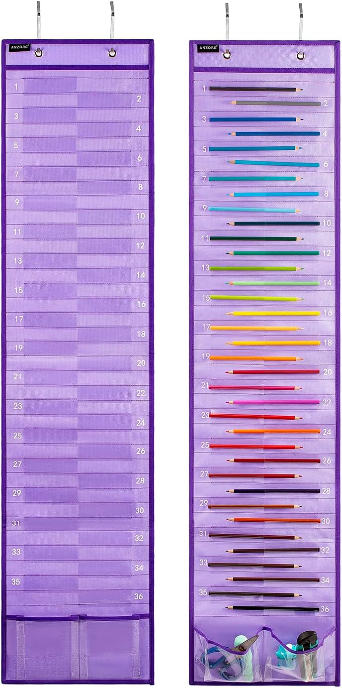 Skiennix Hanging Pencil Holder - Classroom Organizer with Numbered Pockets | 2 Pack - Purple