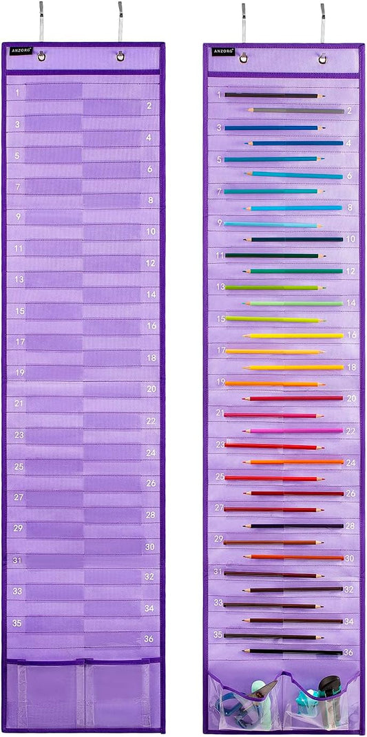 Skiennix Hanging Pencil Holder - Classroom Organizer with Numbered Pockets | 2 Pack - Purple