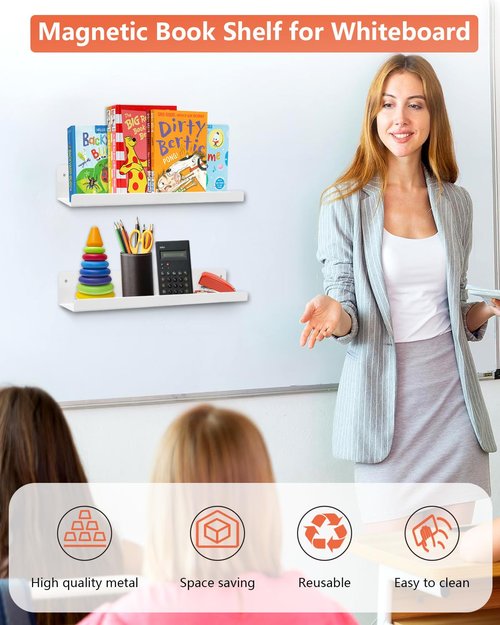 HDLDYDD 2-Pack Magnetic Book Shelf for Whiteboard - 17 Inch Reusable Metal Magnetic Shelves, Holds 12.5 lbs, Magnetic Book Display for Classrooms, Offices, Kitchens, Kids' Rooms - White