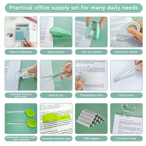 Ohmywor Office Supplies Set, Desk Accessories Includes Stapler Staples, Correction Tape, Calculator, Paper Clip, Transparent Note, Scissors, Tape Measure for Office School Clerk Student