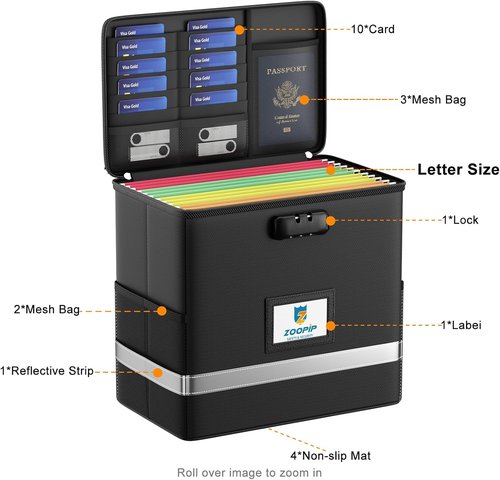 Fireproof File Box with Lock | Document Storage Organizer for Letter Size Folders | Collapsible Design, Black