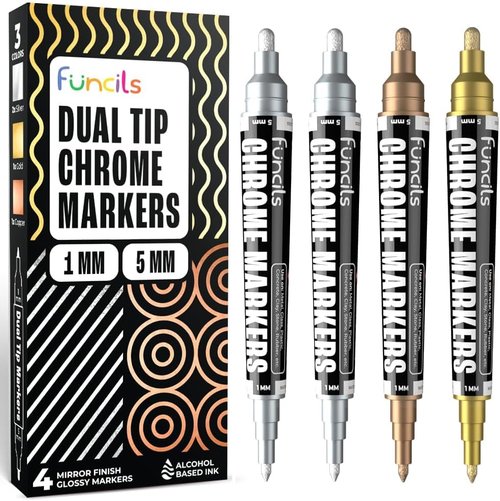 Liquid Chrome Paint Pen - 4 Dual Tip Metallic Markers for Mirror Effect | Silver, Copper, Gold for DIY Crafts