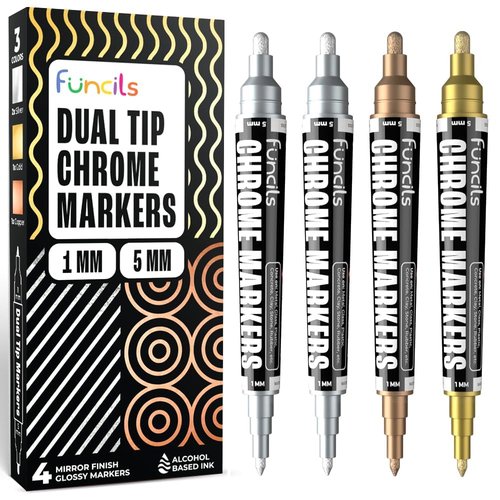 Funcils Liquid Chrome Paint Pen - 4 Dual Tip Mirror Effect Metallic Markers with 2 Silver, 1 Copper, 1 Gold | Reflective Marker for Metal, Plastic, Glass, Resin Art, DIY Crafts, Model Touch Up Paint