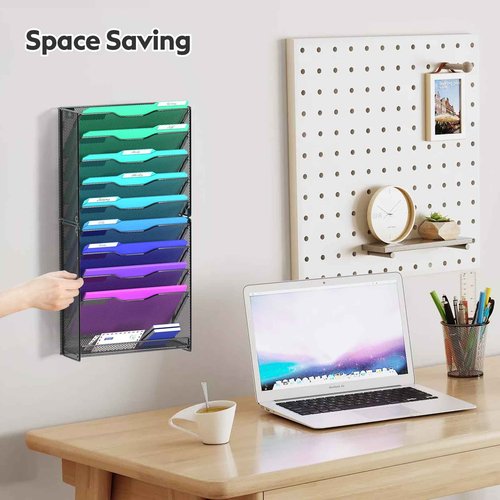 samstar 10 Tier Wall File Organizer, Hanging Wall Mount File Holder Paper Folder Mail Organizer, Mesh Metal, Black.