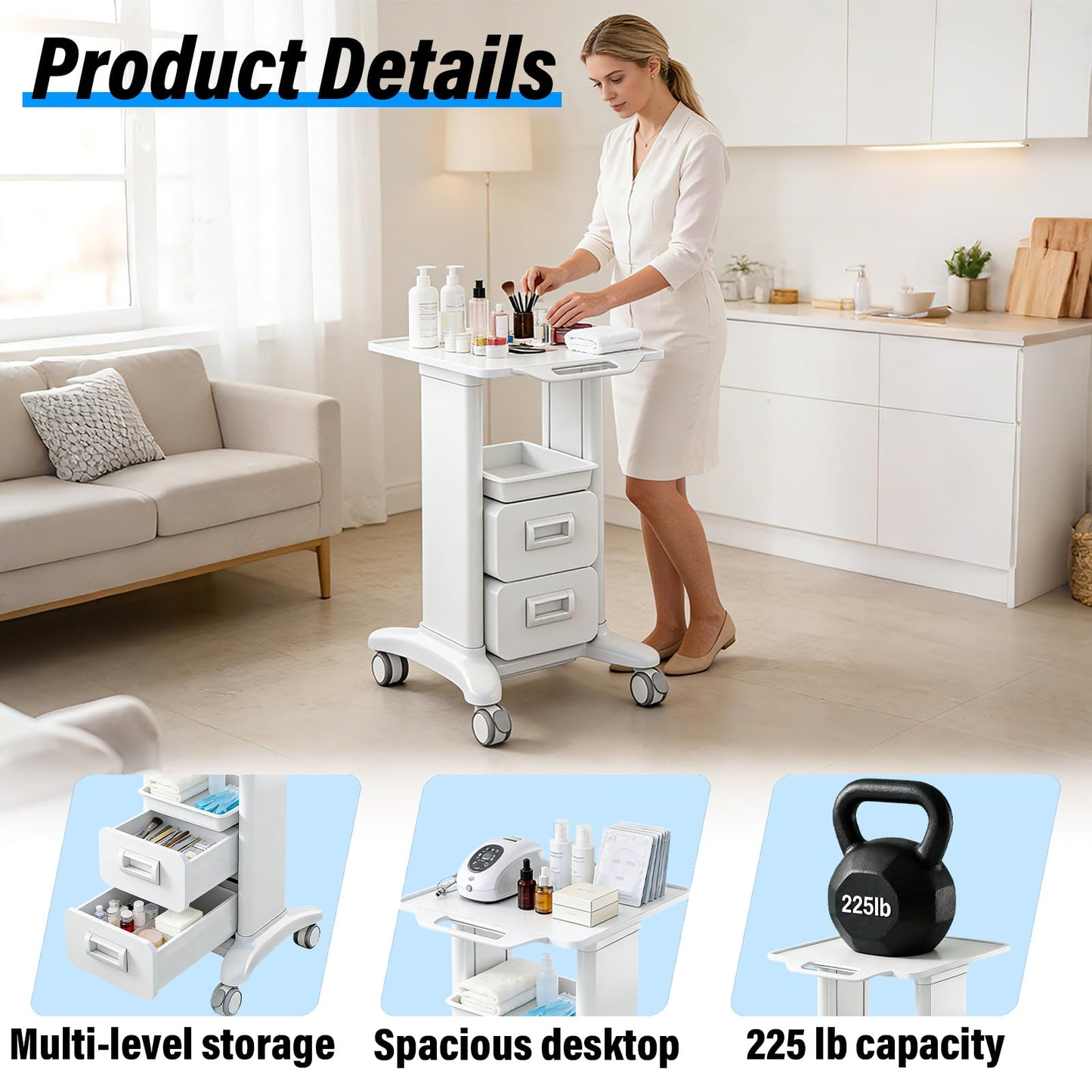 Medical Trolley Cart Mobile with Drawers, Hospital Ultrasound Cart with 4 Silent Swivel Wheels, Portable Medical Trolley Carts, 225 LBS Load, for Beauty, Salon, Clinic and Lab (Silver, Double Drawer)