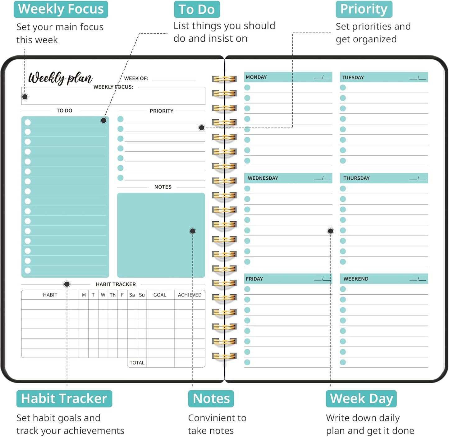Undated Weekly Planner - A5 Goal & Habit Tracker Notebook with Spiral Binding | 6.1" x 8.2" - Black