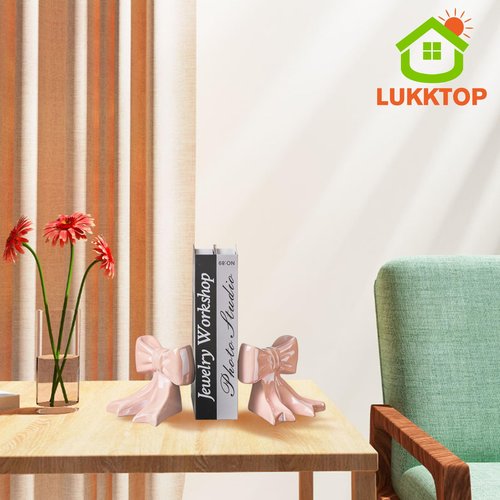 1 Pair Bow Bookends,Ceramic Book Ends Cute Sculpture,Unique Statues Decorative Tabletop Ornament Room Decor for Home Dorm Wall Desk Shelf (Pink)