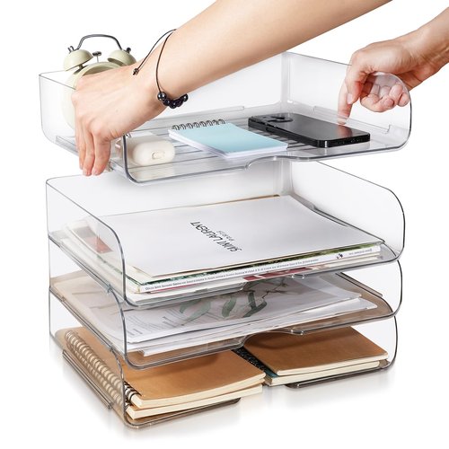 4 Pack Paper Organizer Letter Tray Clear Desk Organizer, Clear PET Desk Rrganizer for Magazines, Binders, Notebooks, Envelopes, Multi-Purpose Plastic Paper Tray Organizer