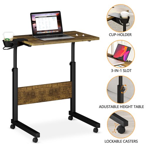 Klvied Standing Desk Adjustable Height, Stand Up Desk with Cup Holder, Portable and Easy to Move Bedside Table, Ideal for Home or Office, Black，Walnut
