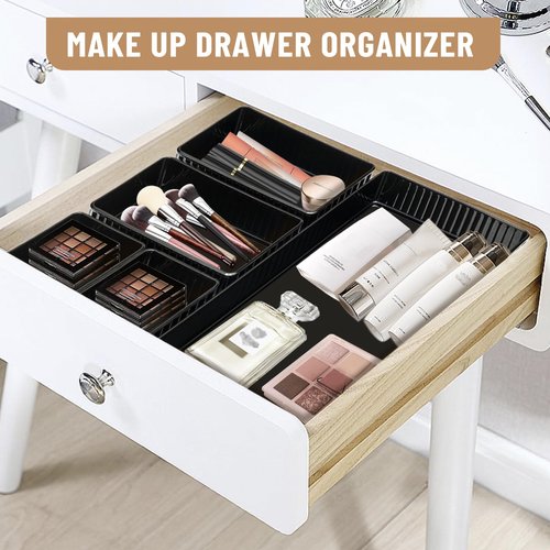 MOSA BEAR 6 PCS Black Drawer Organizer Set 3-Size, Makeup Organizer,Versatile Desk and Vanity Drawer Organizer Trays, Storage Bins for Bedroom, Kitchen，Bathroom