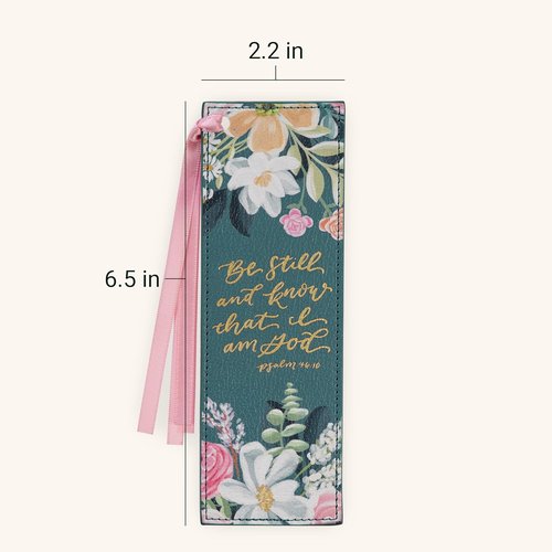 Christian Art Gifts Premium Vegan Leather Bookmark - Inspirational "Be Still & Know" Verse, Teal Floral Design