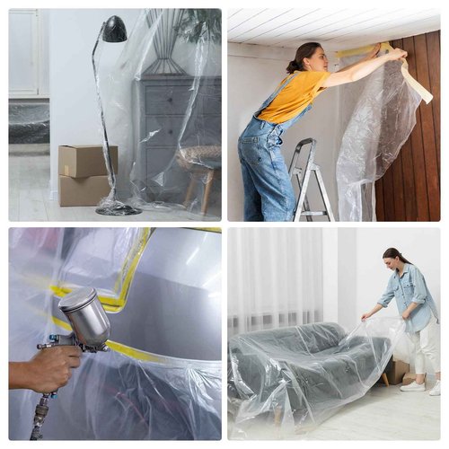 HARFINGTON 3 Rolls Pre-Taped Masking Film 177.2" x65.6ft Double Adhesive Tape and Drape Painters Plastic Drop Cloth Film with Tape Plastic Sheeting for Automotive Painting Covering