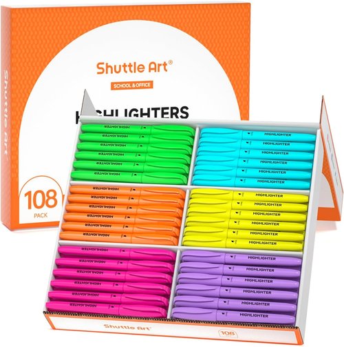 Shuttle Art Highlighters Set - 108 Assorted Colors with Chisel Tip | Non-Toxic, Quick-Drying Markers for Home, School, Office