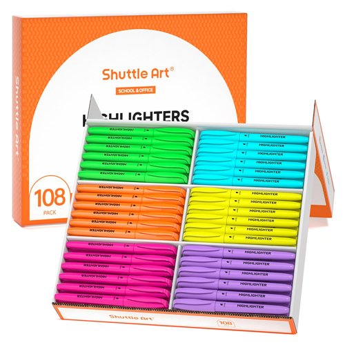Shuttle Art 108 Pack Highlighters, Highlighters Assorted Colors Set, 6 Bright Colors Chisel Tip Dry-Quickly Non-Toxic Highlighter Markers Bulk for Adults Kids Highlighting in Home School Office