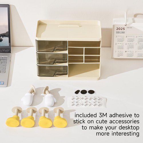 UFORU Desktop Organizer with 3M Adhesive Accessories, 3 Drawer Pencil Holder for Desk with Dividers, Perfect for Office Supplies, Stationery, and Small Items, Beige and Transparent Design