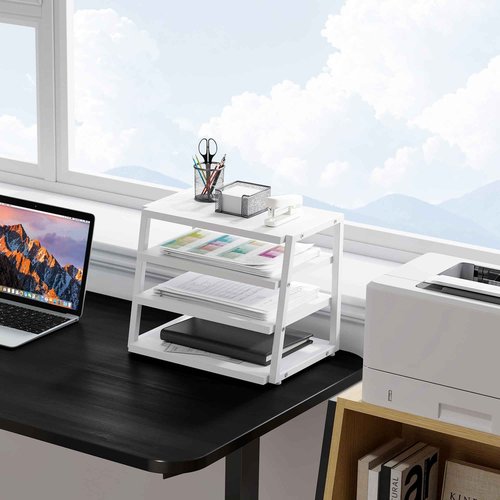 Fenge Desk Shelf Organizer, 4 Tier Desktop Shelf, Wood and Metal Office Shelves, Corner File Organizer for Office Supplies, Top of Desk Organizers and Accessories