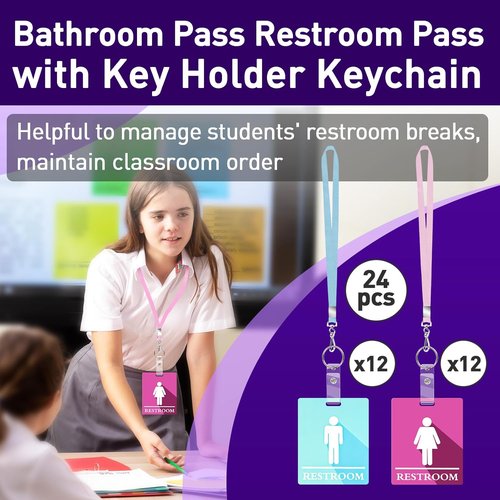 Skiennix 24 PCS Bathroom Passes - Colorful Key Holders with Lanyards for Schools & Businesses | Pink & Blue
