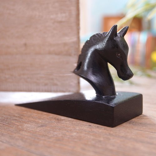 NOVICA Black Hand Carved Suar Wood Horse Door Stopper, 'Handy Horse In Black'