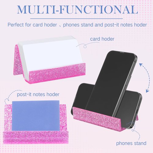 GlikCeil 6 Pack Pink Business Card Holder for Desk Glitter Acrylic Business Shine Card Holders Stand Organizer Display for Office Desktop