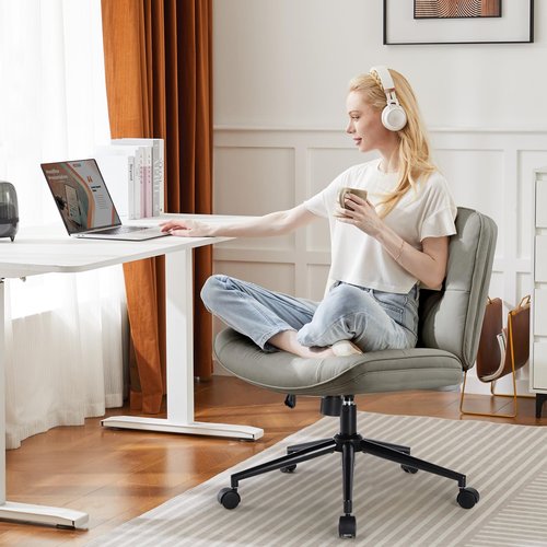 OLIXIS Criss Cross Chair with Wheels, Legged Home Office PU Leather Wide Armless Desk Seat, Rolling Adjustable Swivel Ergonomic Comfy Vanity Seating